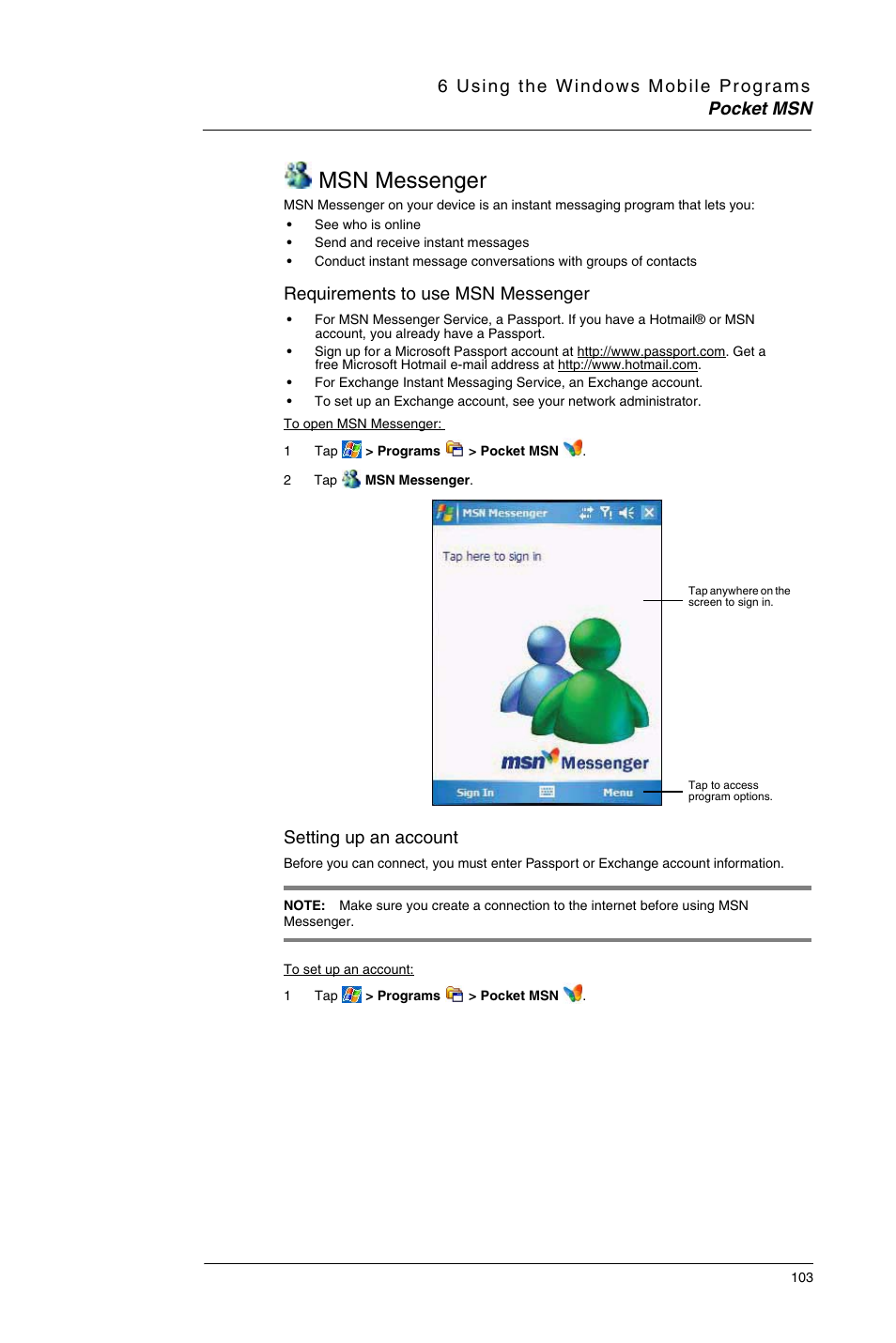 Msn messenger, Requirements to use msn messenger, Setting up an account | Motorola MC35 EDA User Manual | Page 113 / 236