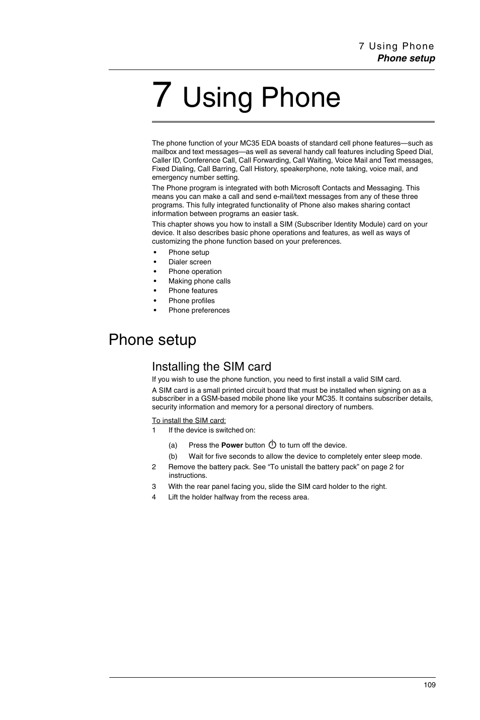 7 using phone, Phone setup, Installing the sim card | Using phone | Motorola MC35 EDA User Manual | Page 119 / 236