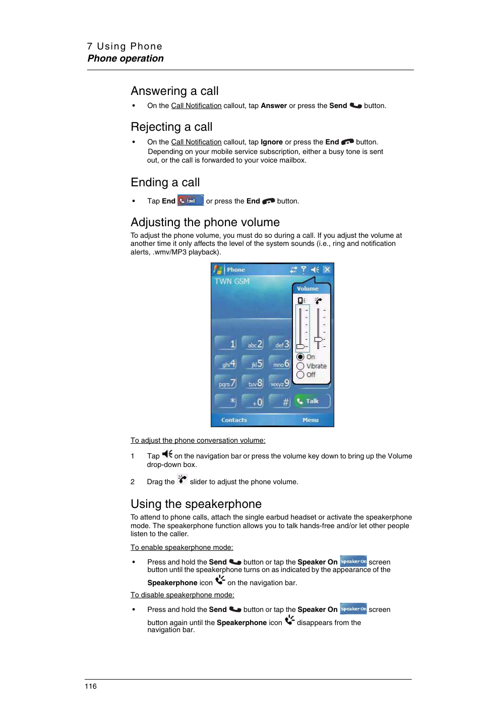 Answering a call, Rejecting a call, Ending a call | Adjusting the phone volume, Using the speakerphone | Motorola MC35 EDA User Manual | Page 126 / 236