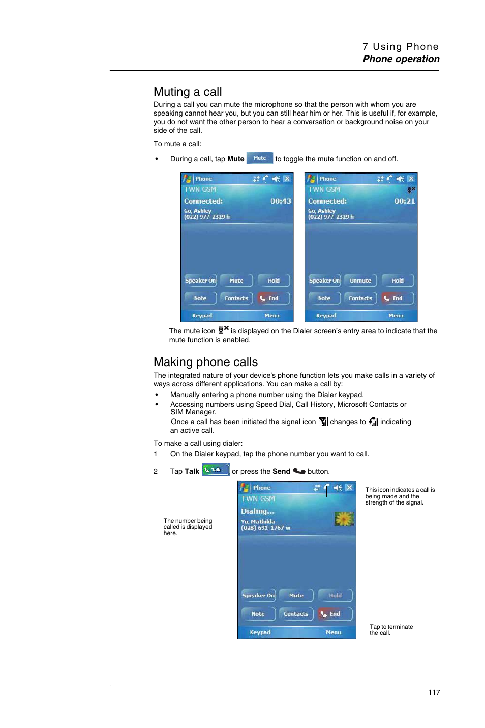 Muting a call, Making phone calls, Muting a call making phone calls | Motorola MC35 EDA User Manual | Page 127 / 236