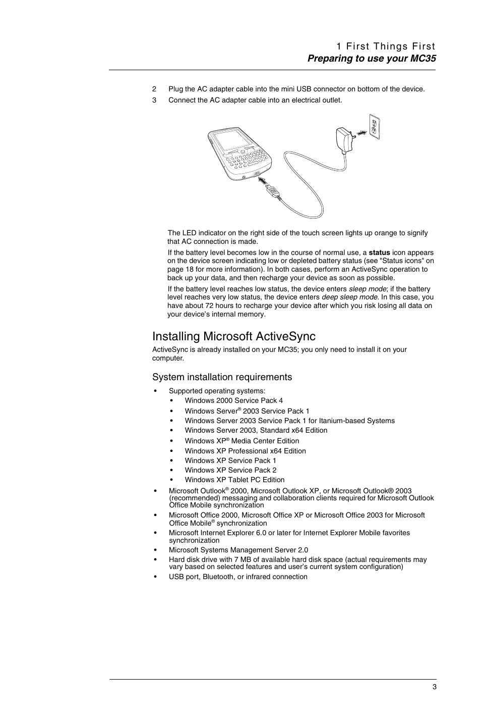 Installing microsoft activesync, System installation requirements | Motorola MC35 EDA User Manual | Page 13 / 236