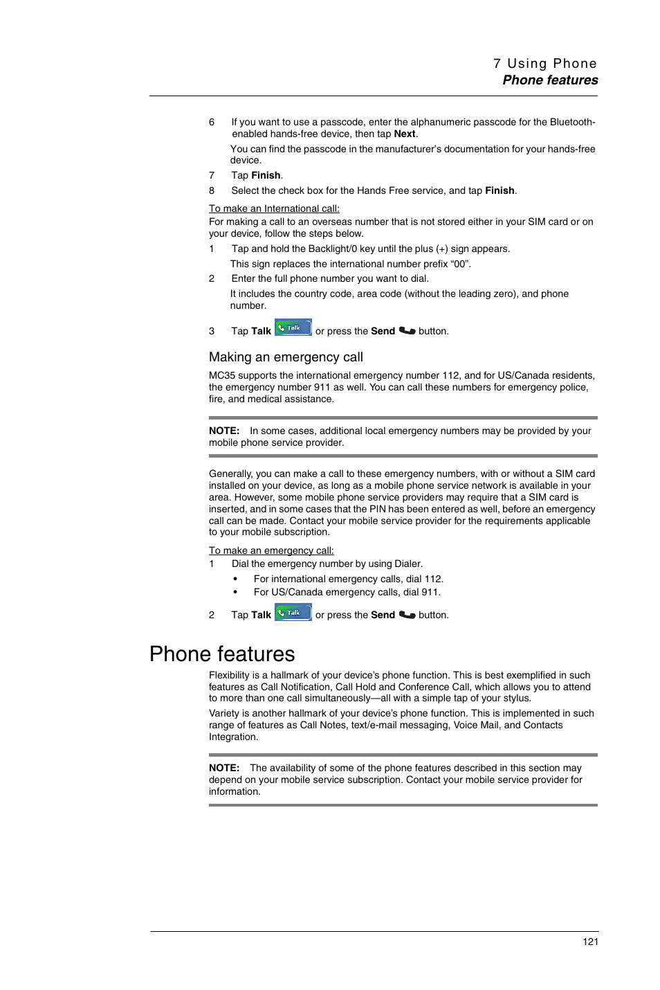 Phone features, Making an emergency call | Motorola MC35 EDA User Manual | Page 131 / 236