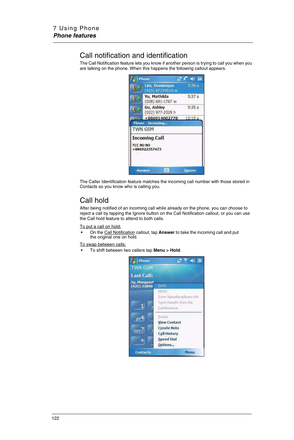 Call notification and identification, Call hold, Call notification and identification call hold | Motorola MC35 EDA User Manual | Page 132 / 236