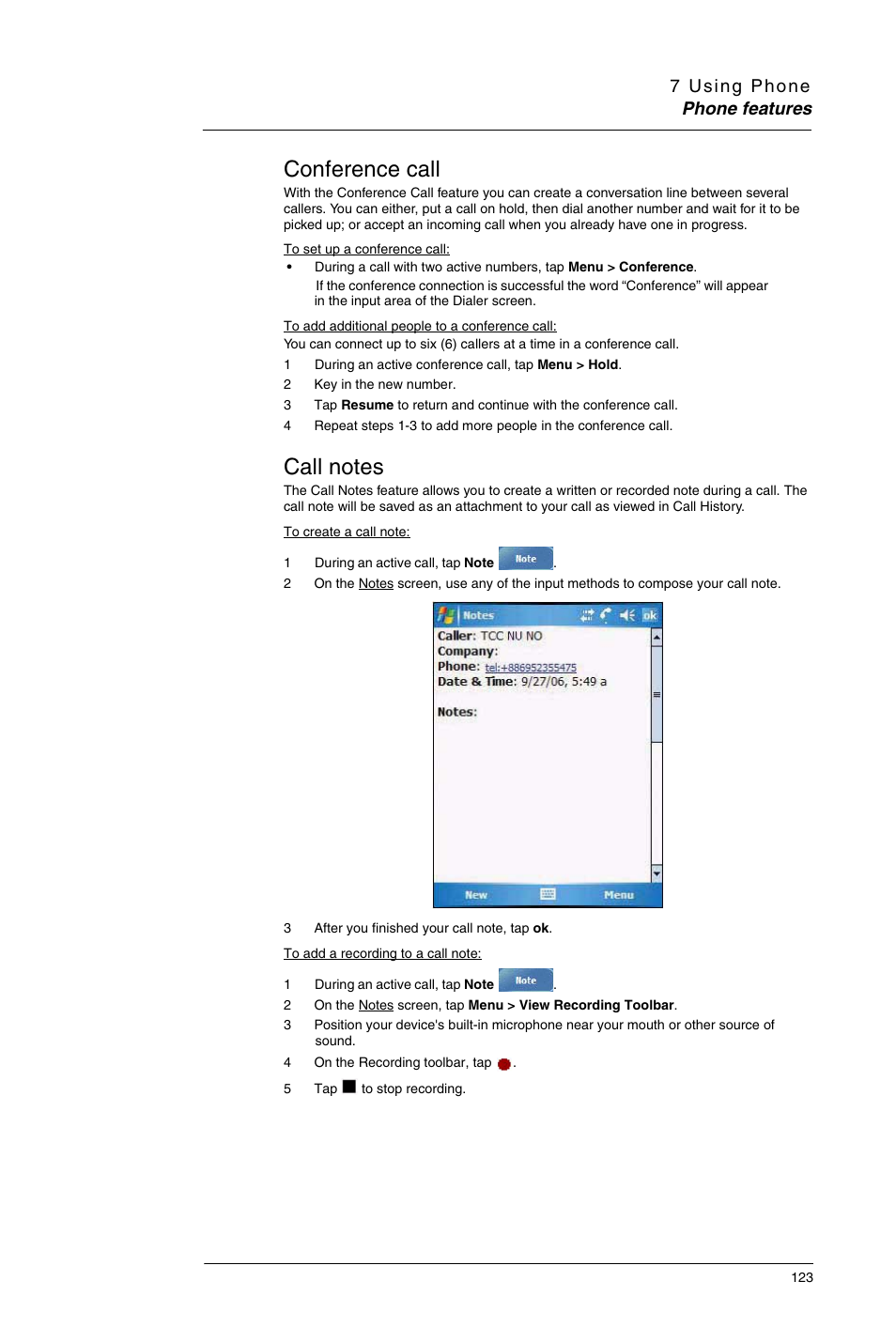 Conference call, Call notes, Conference call call notes | Motorola MC35 EDA User Manual | Page 133 / 236