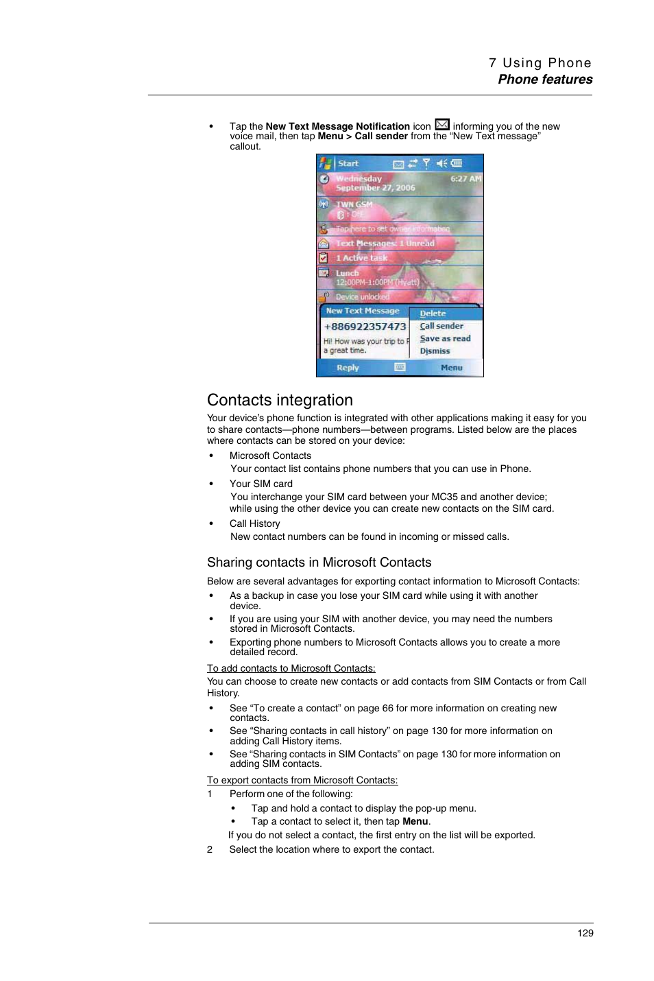 Contacts integration, Sharing contacts in microsoft contacts | Motorola MC35 EDA User Manual | Page 139 / 236