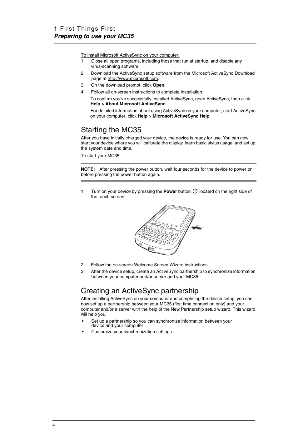 Starting the mc35, Creating an activesync partnership | Motorola MC35 EDA User Manual | Page 14 / 236