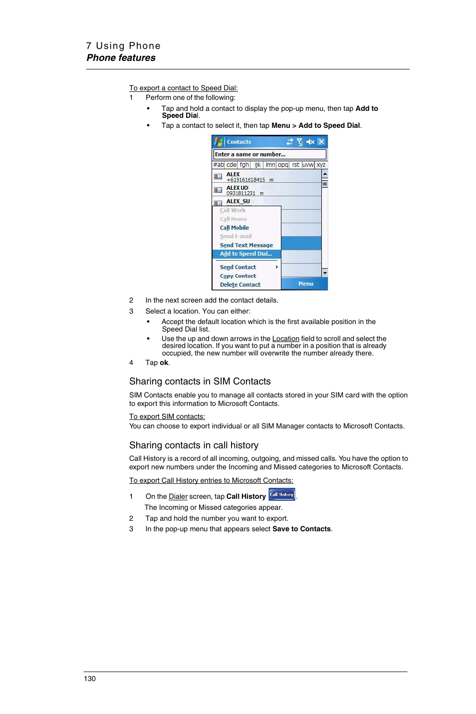 Sharing contacts in sim contacts, Sharing contacts in call history | Motorola MC35 EDA User Manual | Page 140 / 236