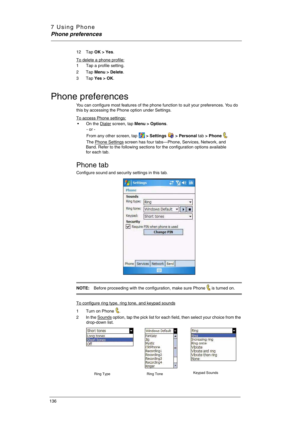 Phone preferences, Phone tab | Motorola MC35 EDA User Manual | Page 146 / 236