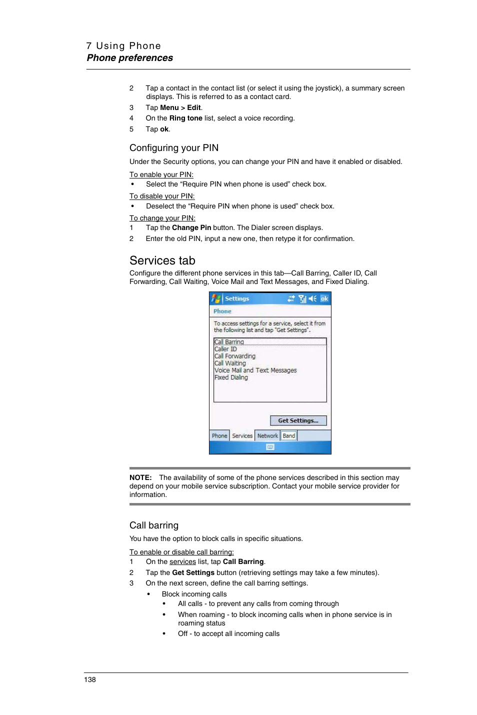 Services tab, Configuring your pin, Call barring | Motorola MC35 EDA User Manual | Page 148 / 236