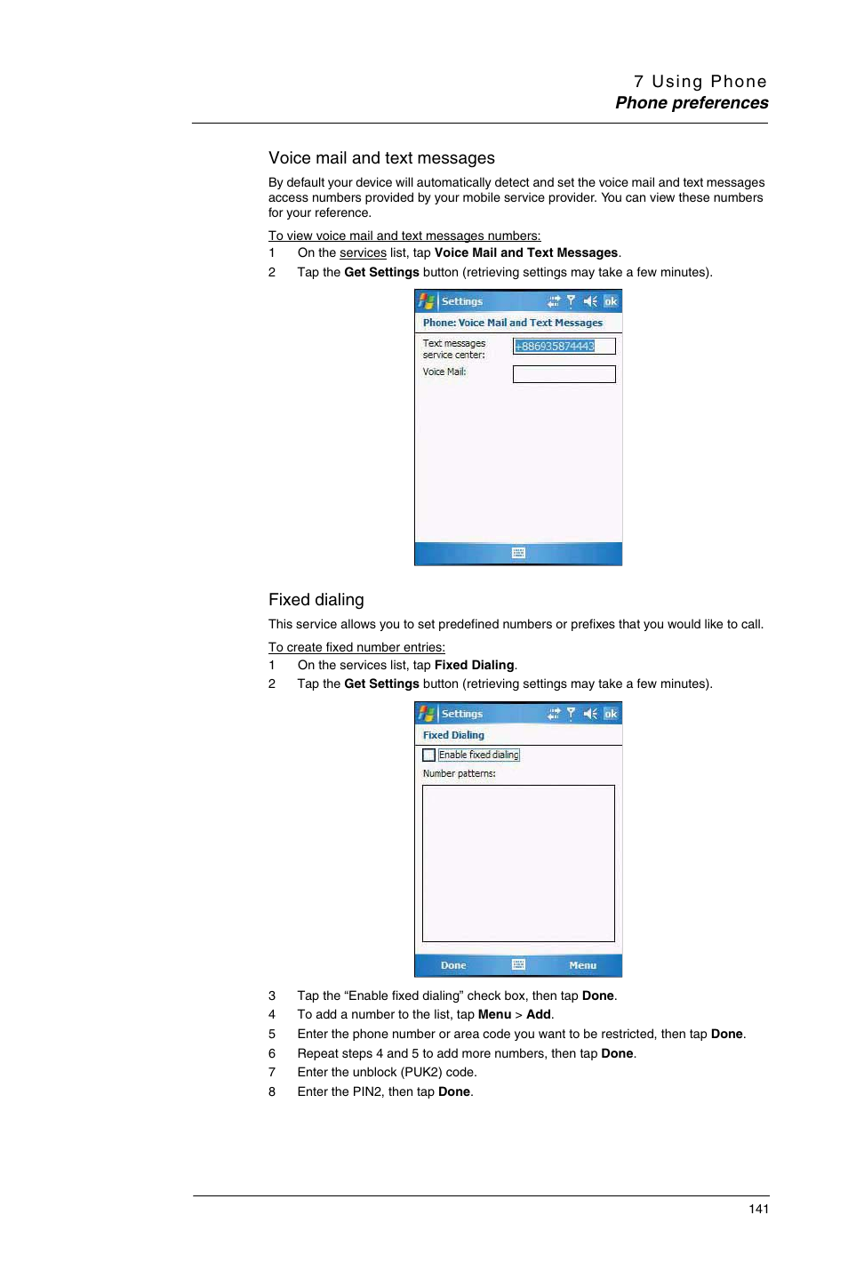 Voice mail and text messages, Fixed dialing | Motorola MC35 EDA User Manual | Page 151 / 236