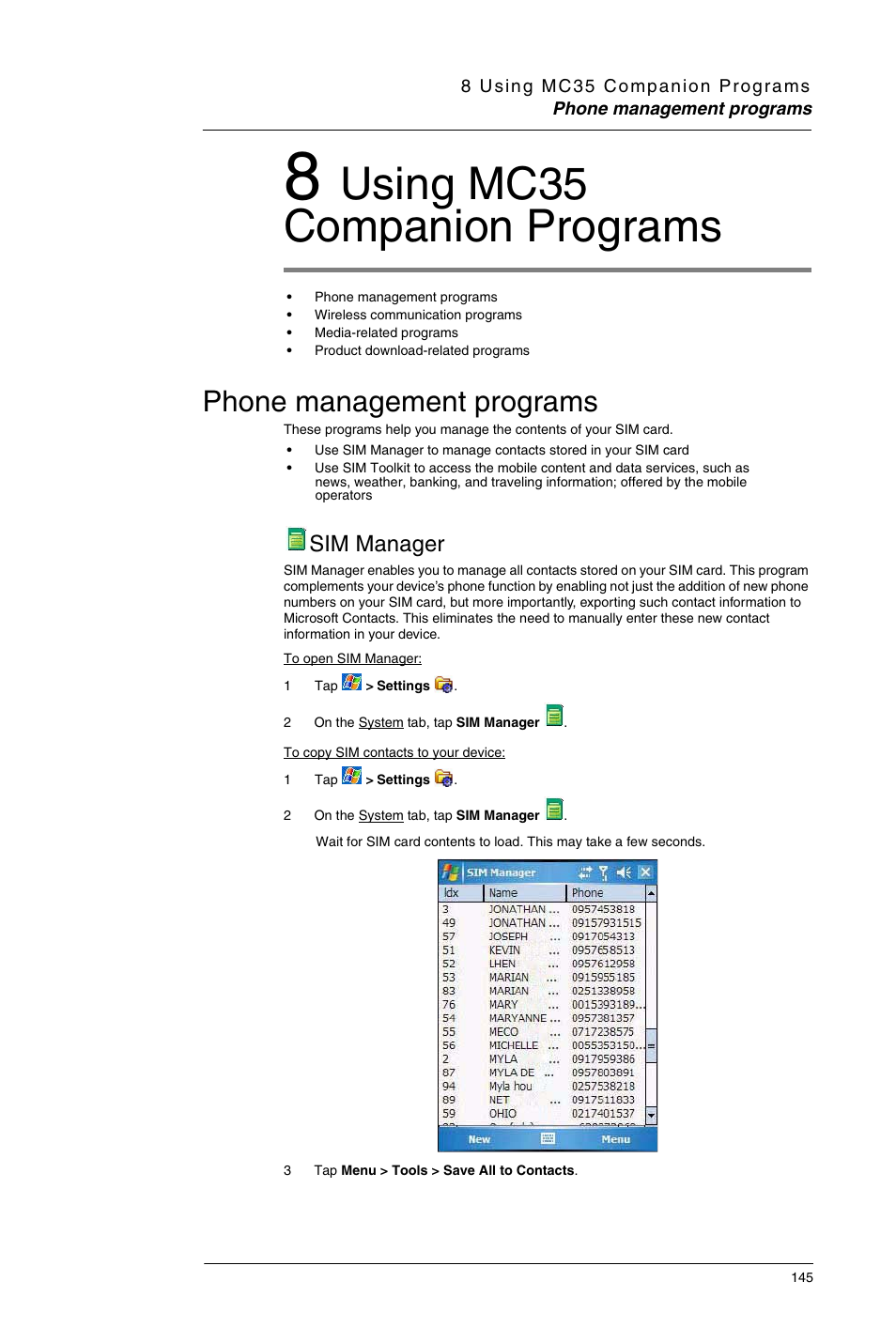 8 using mc35 companion programs, Phone management programs, Sim manager | Using mc35 companion programs | Motorola MC35 EDA User Manual | Page 155 / 236