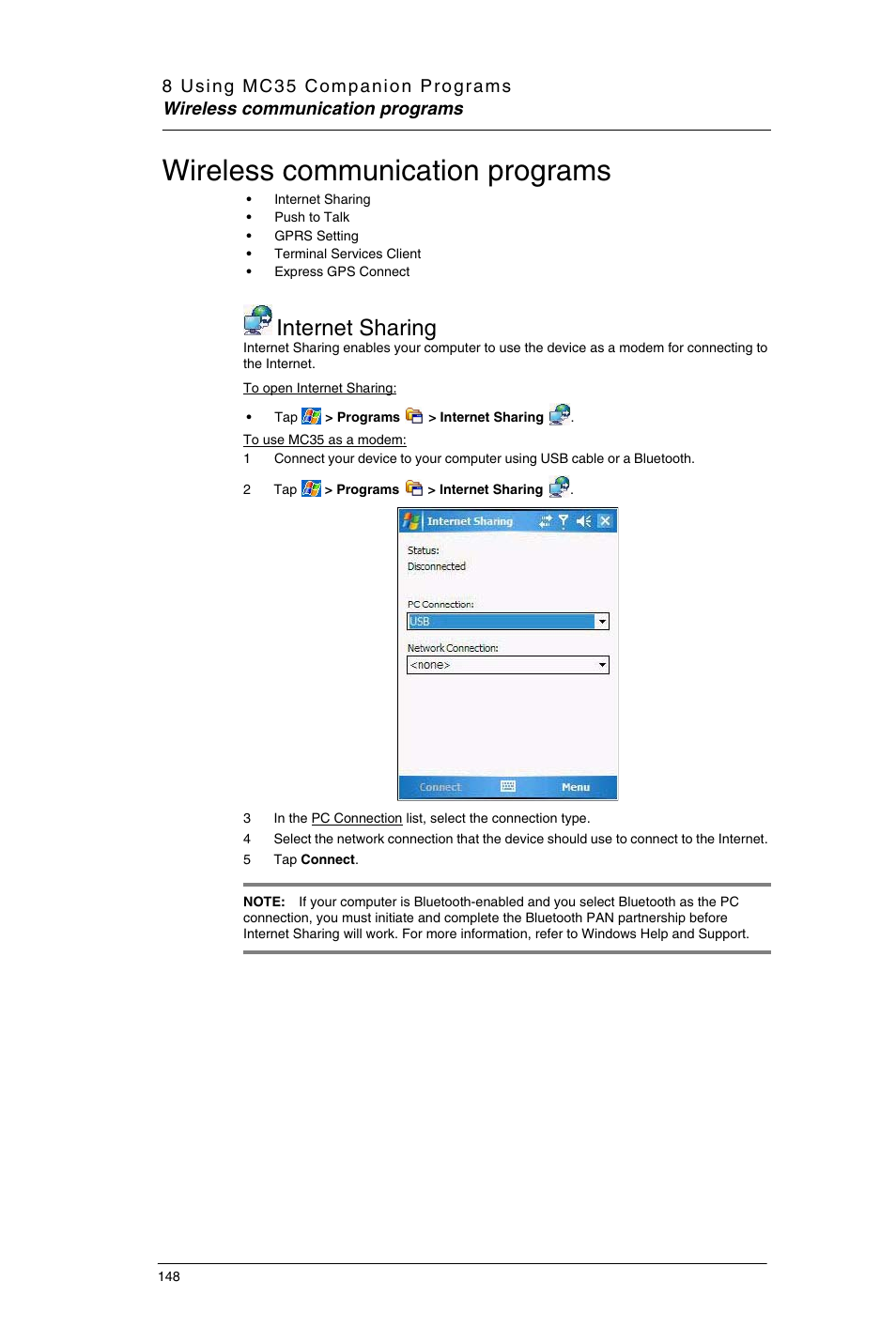 Wireless communication programs, Internet sharing | Motorola MC35 EDA User Manual | Page 158 / 236