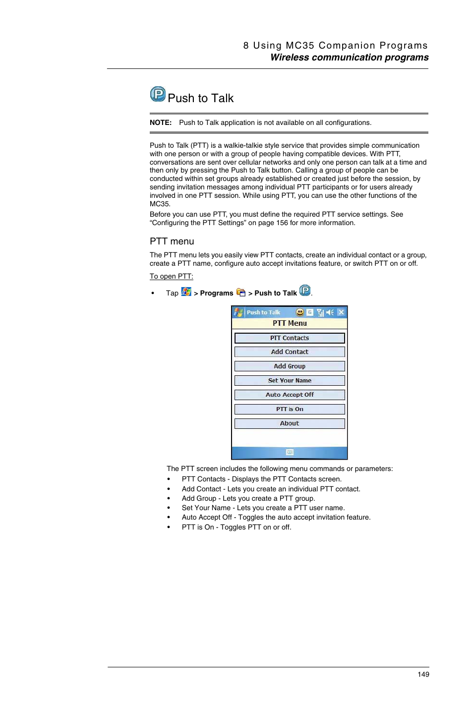 Push to talk, See “push to talk, Ptt menu | Motorola MC35 EDA User Manual | Page 159 / 236