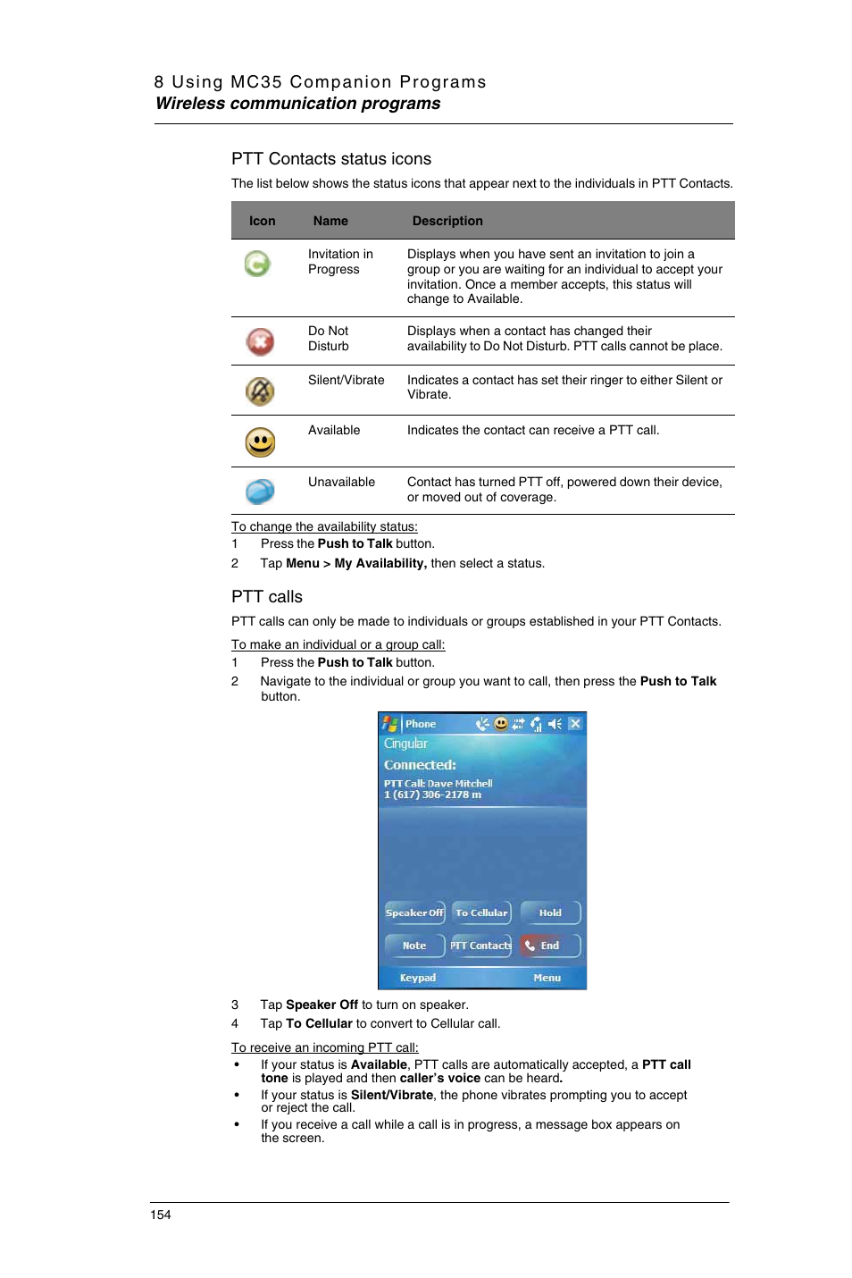 Ptt contacts status icons, Ptt calls | Motorola MC35 EDA User Manual | Page 164 / 236