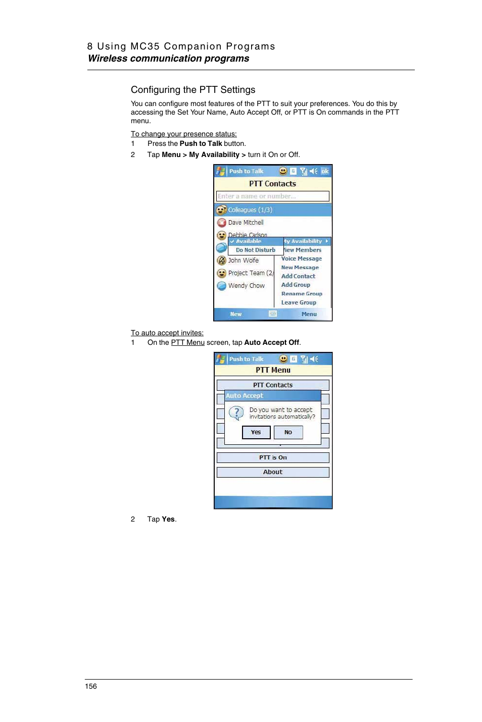 Configuring the ptt settings | Motorola MC35 EDA User Manual | Page 166 / 236