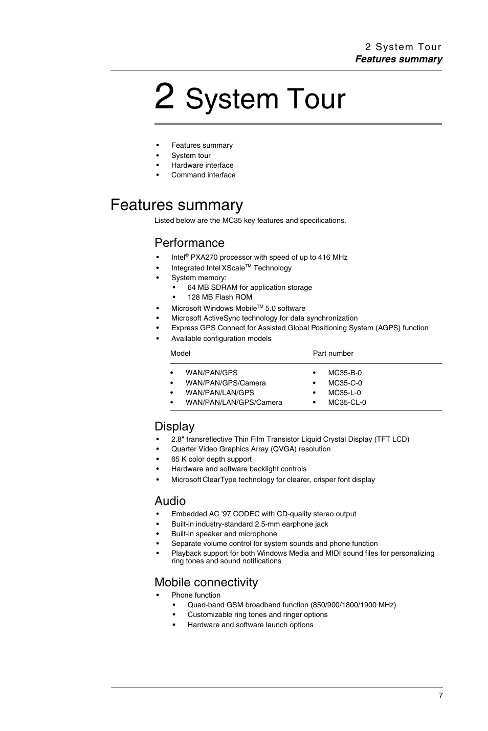 2 system tour, Features summary, Performance | Display, Audio, Mobile connectivity, Performance display audio mobile connectivity, System tour | Motorola MC35 EDA User Manual | Page 17 / 236