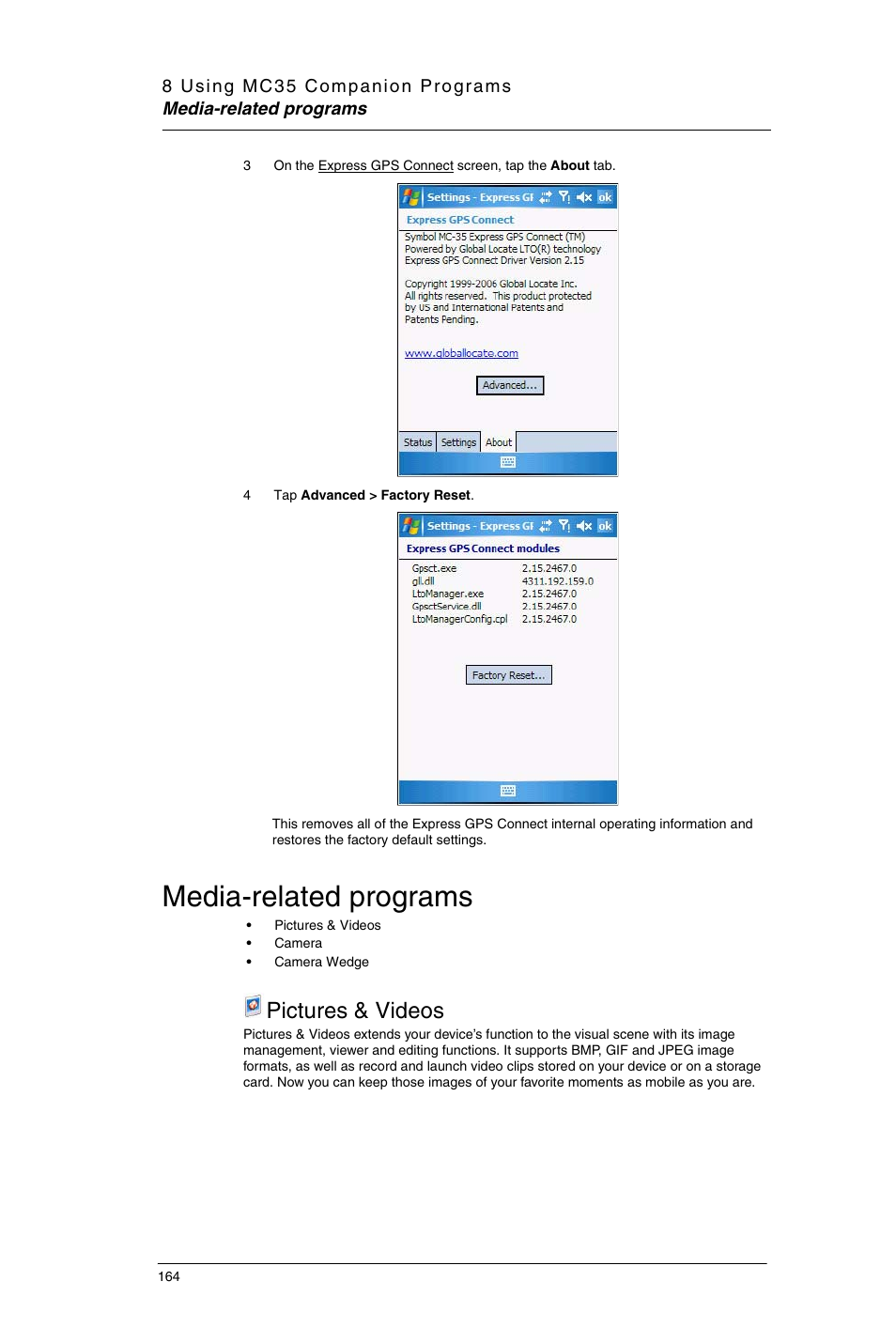 Media-related programs, Pictures & videos | Motorola MC35 EDA User Manual | Page 174 / 236