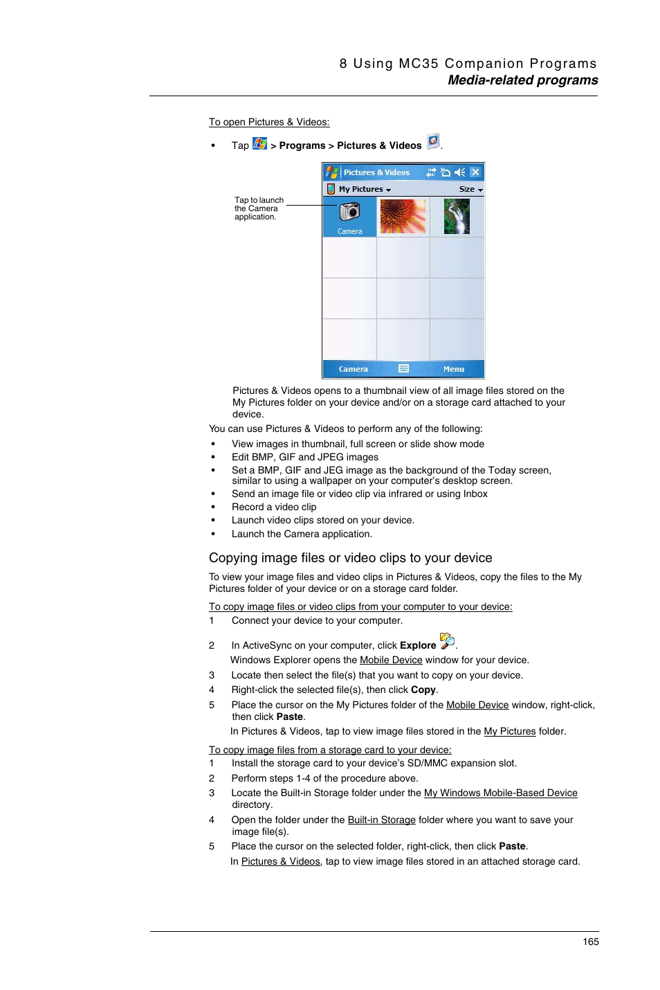 Copying image files or video clips to your device | Motorola MC35 EDA User Manual | Page 175 / 236