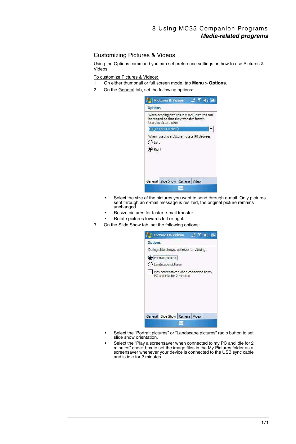 Customizing pictures & videos | Motorola MC35 EDA User Manual | Page 181 / 236