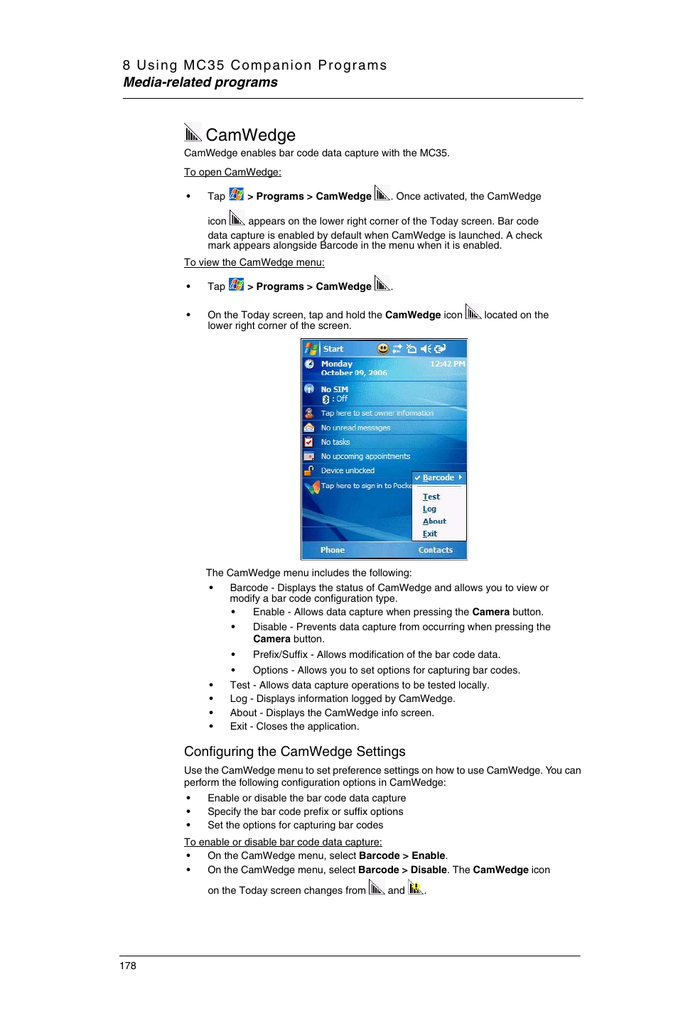 Camwedge, Configuring the camwedge settings | Motorola MC35 EDA User Manual | Page 188 / 236