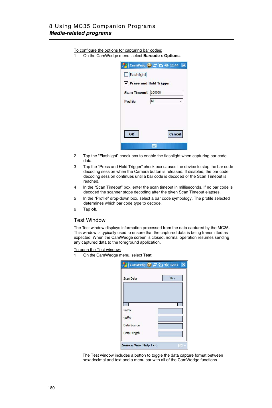 Test window | Motorola MC35 EDA User Manual | Page 190 / 236