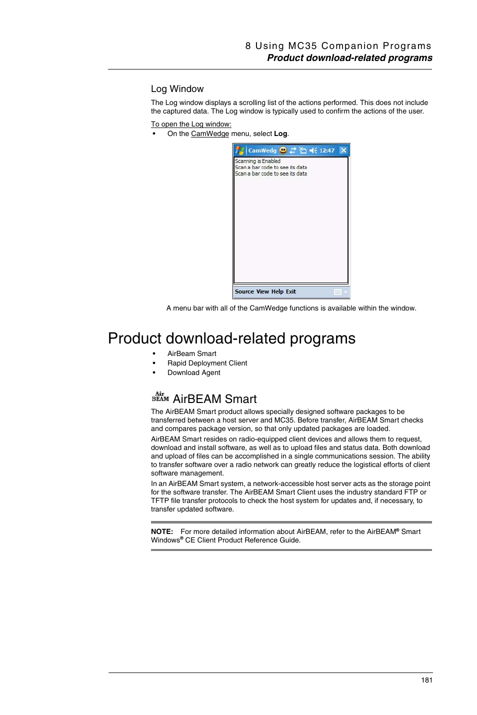 Product download-related programs, Airbeam smart, Log window | Motorola MC35 EDA User Manual | Page 191 / 236