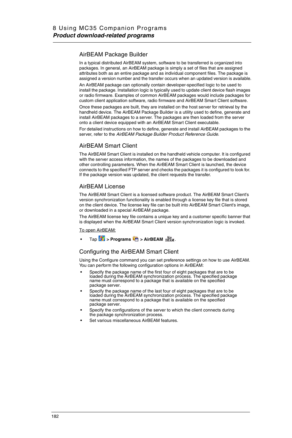 Airbeam package builder, Airbeam smart client, Airbeam license | Configuring the airbeam smart client | Motorola MC35 EDA User Manual | Page 192 / 236