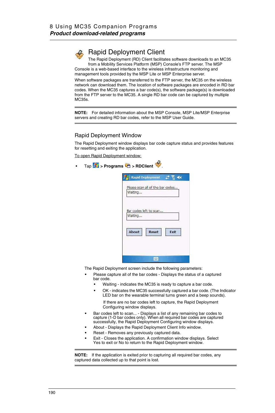 Rapid deployment client, Rapid deployment window | Motorola MC35 EDA User Manual | Page 200 / 236