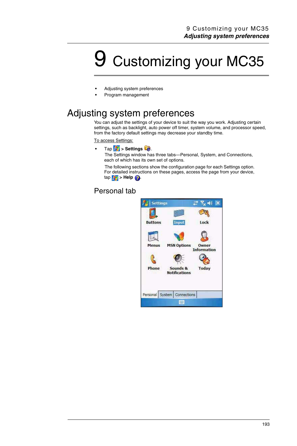 9 customizing your mc35, Adjusting system preferences, Personal tab | Customizing your mc35 | Motorola MC35 EDA User Manual | Page 203 / 236