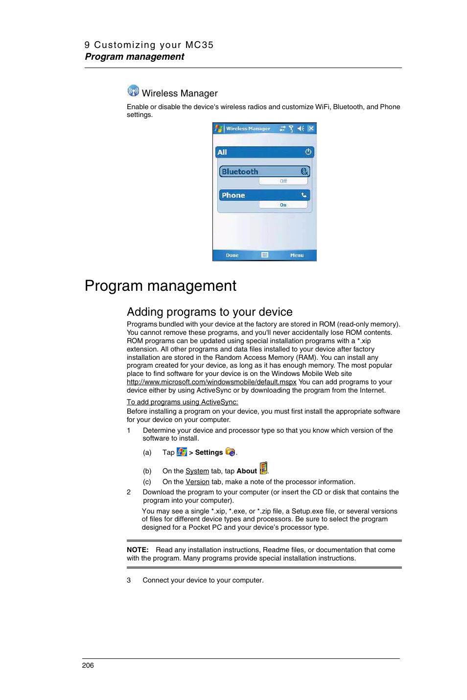 Program management, Adding programs to your device, Wireless manager | Motorola MC35 EDA User Manual | Page 216 / 236