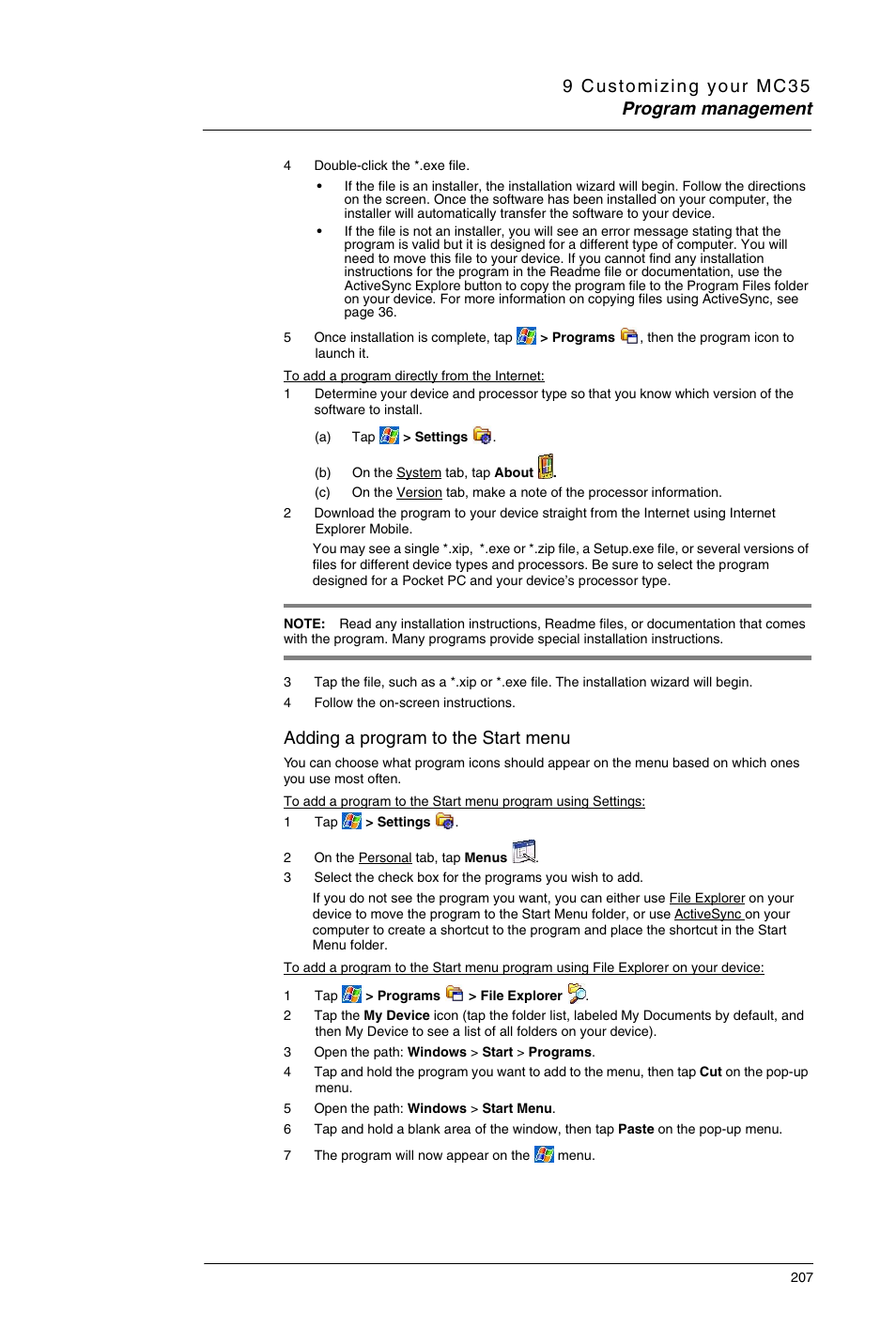 Adding a program to the start menu | Motorola MC35 EDA User Manual | Page 217 / 236