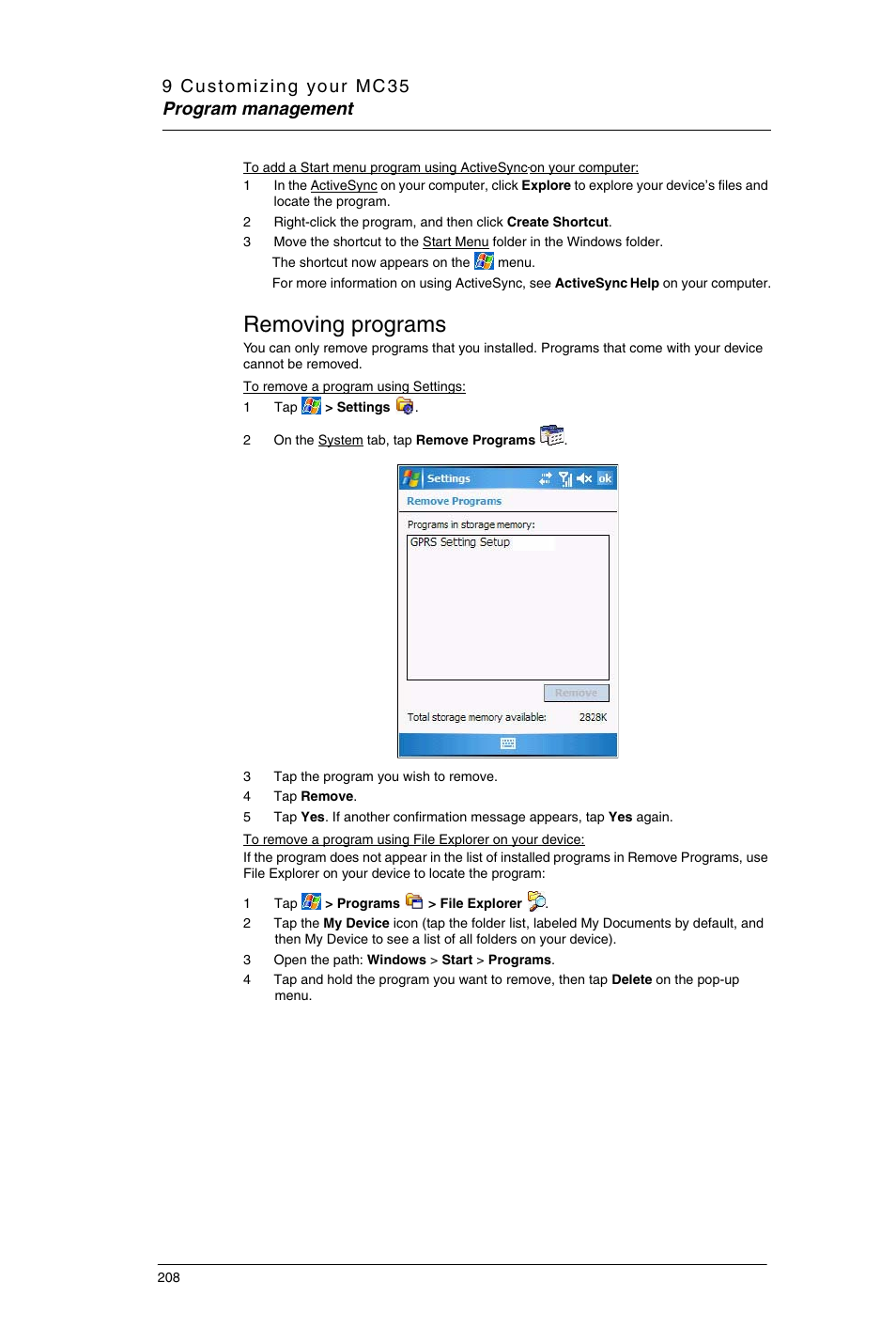 Removing programs | Motorola MC35 EDA User Manual | Page 218 / 236