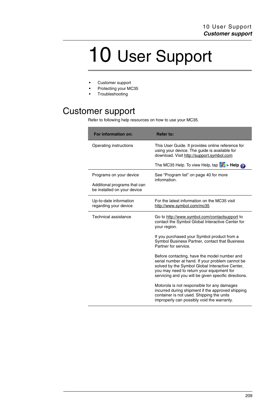 10 user support, Customer support, User support | Motorola MC35 EDA User Manual | Page 219 / 236