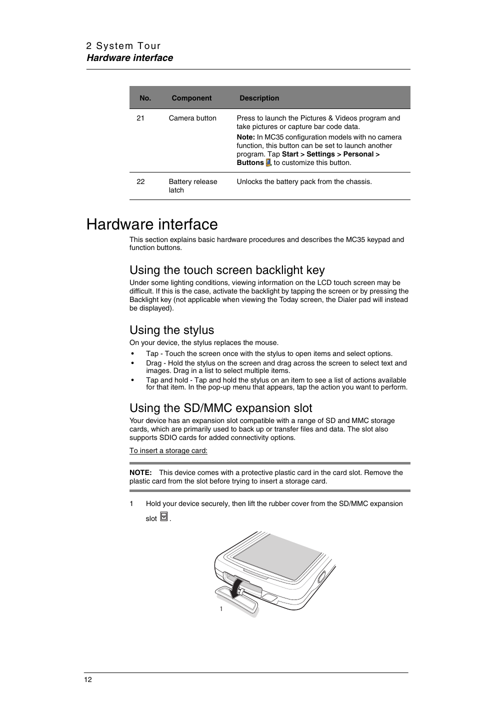 Hardware interface, Using the touch screen backlight key, Using the stylus | Using the sd/mmc expansion slot | Motorola MC35 EDA User Manual | Page 22 / 236