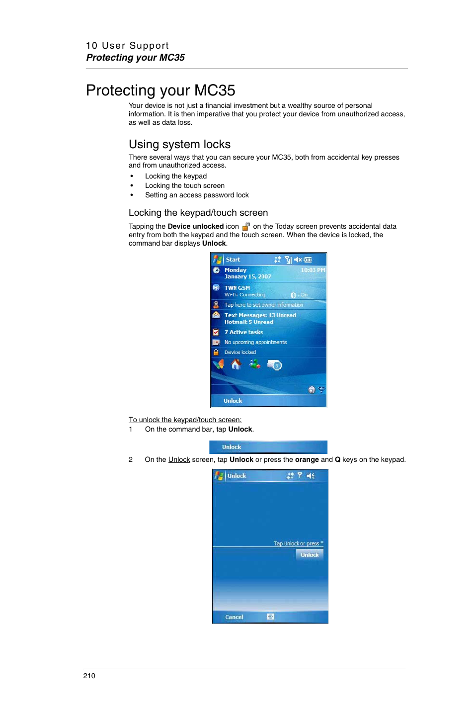 Protecting your mc35, Using system locks | Motorola MC35 EDA User Manual | Page 220 / 236