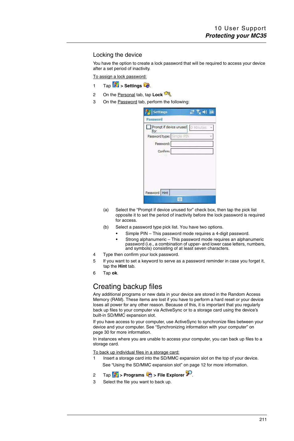 Creating backup files, Locking the device | Motorola MC35 EDA User Manual | Page 221 / 236