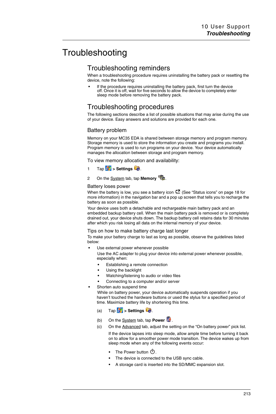 Troubleshooting, Troubleshooting reminders, Troubleshooting procedures | Battery problem | Motorola MC35 EDA User Manual | Page 223 / 236