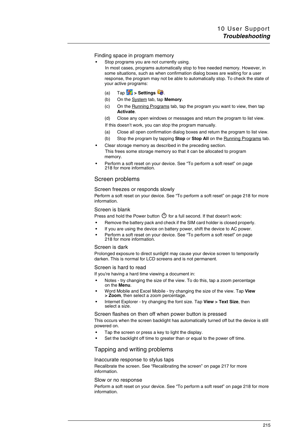 Screen problems, Tapping and writing problems | Motorola MC35 EDA User Manual | Page 225 / 236