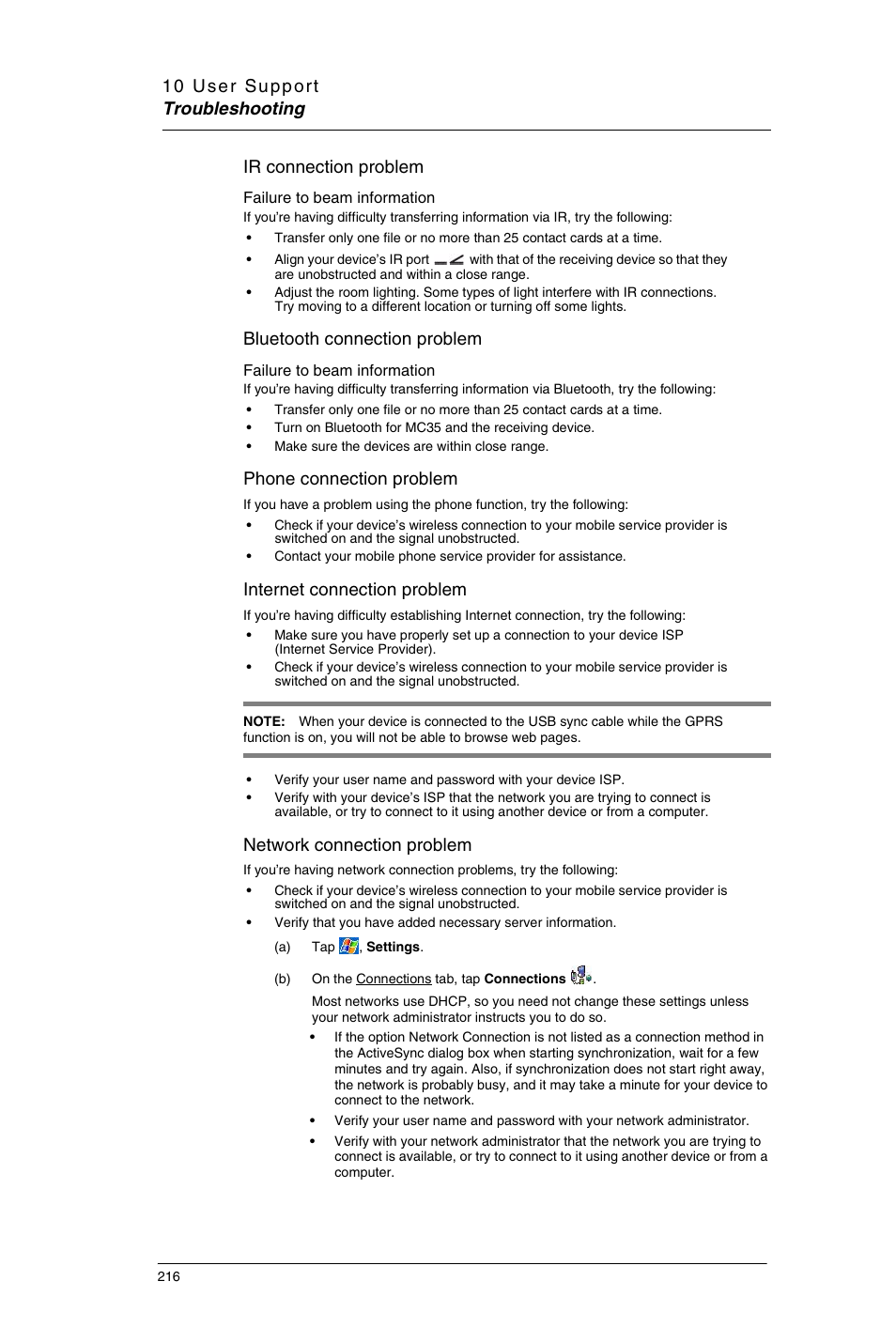 Ir connection problem, Bluetooth connection problem, Phone connection problem | Internet connection problem, Network connection problem | Motorola MC35 EDA User Manual | Page 226 / 236