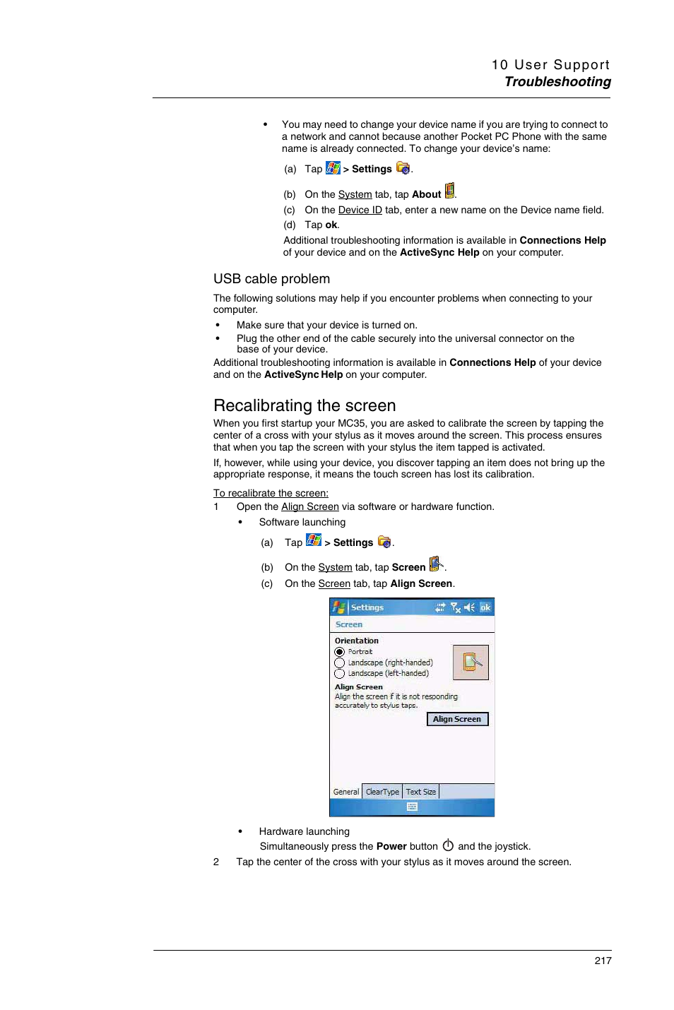 Recalibrating the screen, Usb cable problem | Motorola MC35 EDA User Manual | Page 227 / 236