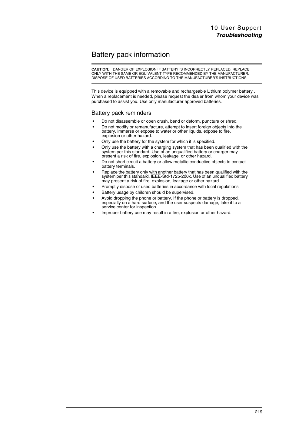 Battery pack information, Battery pack reminders | Motorola MC35 EDA User Manual | Page 229 / 236