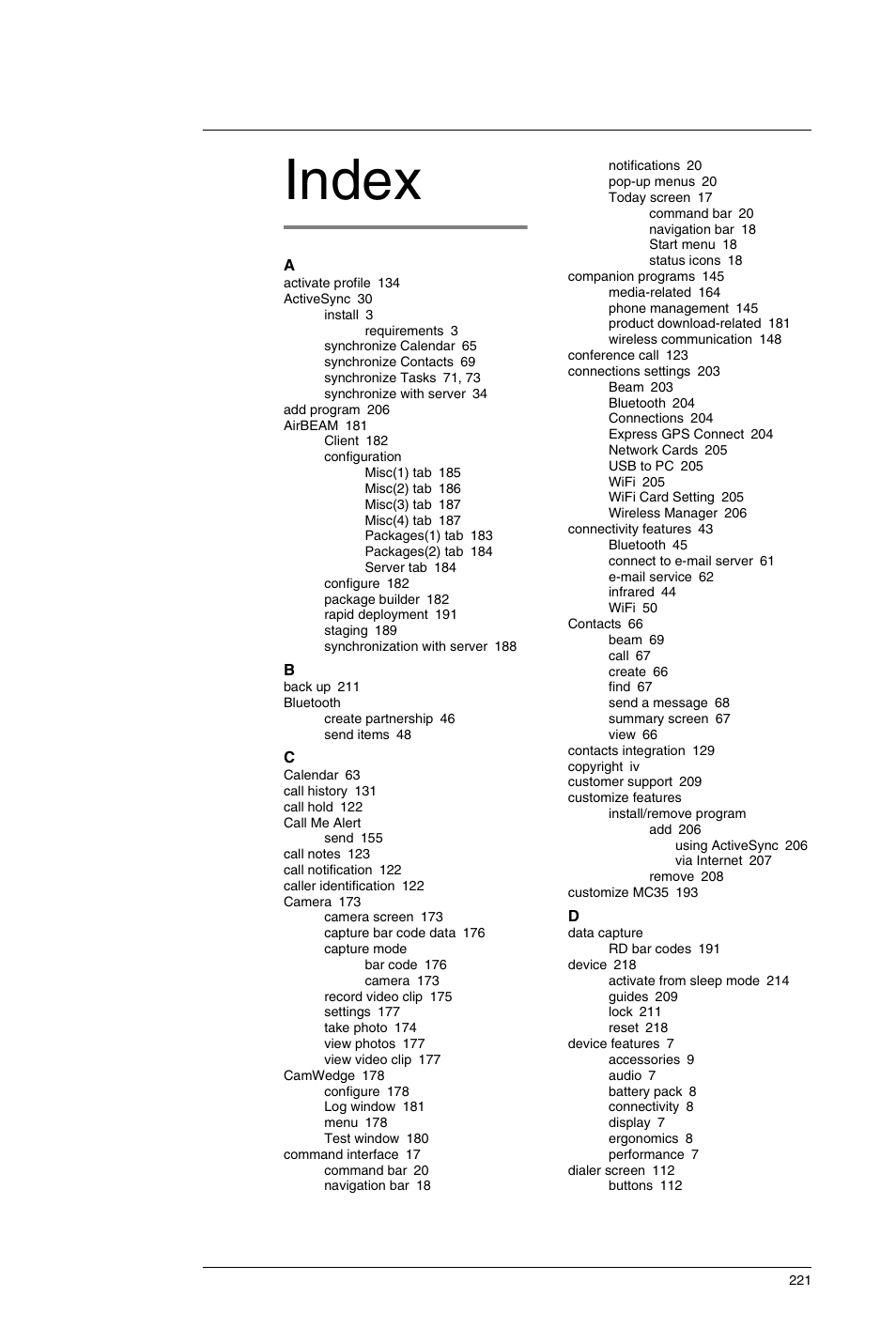 Index | Motorola MC35 EDA User Manual | Page 231 / 236