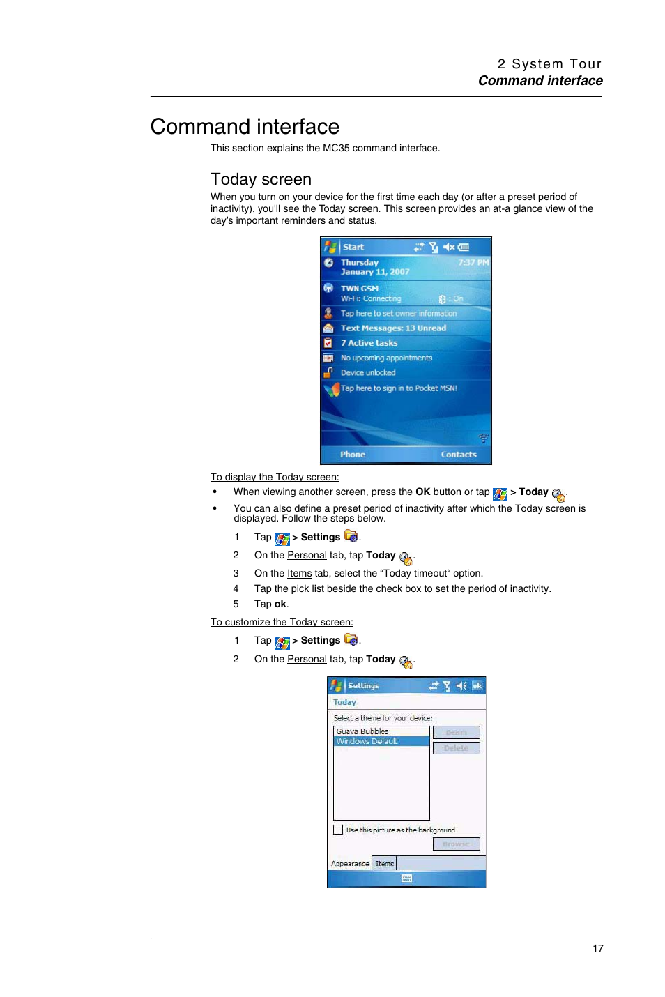 Command interface, Today screen | Motorola MC35 EDA User Manual | Page 27 / 236