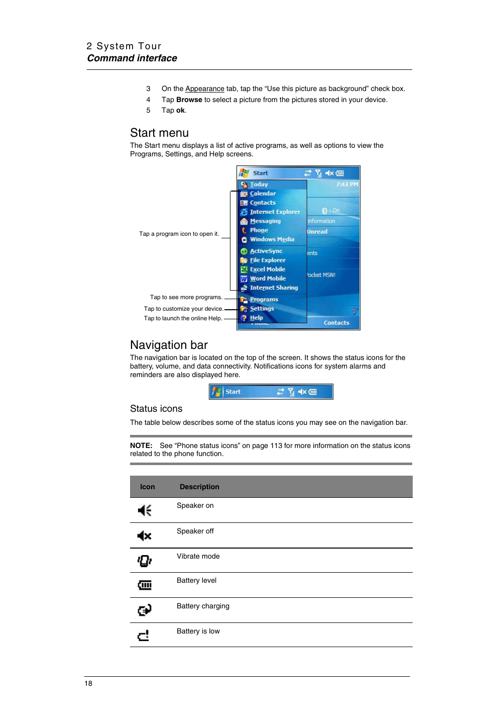 Start menu, Navigation bar, Start menu navigation bar | Status icons | Motorola MC35 EDA User Manual | Page 28 / 236