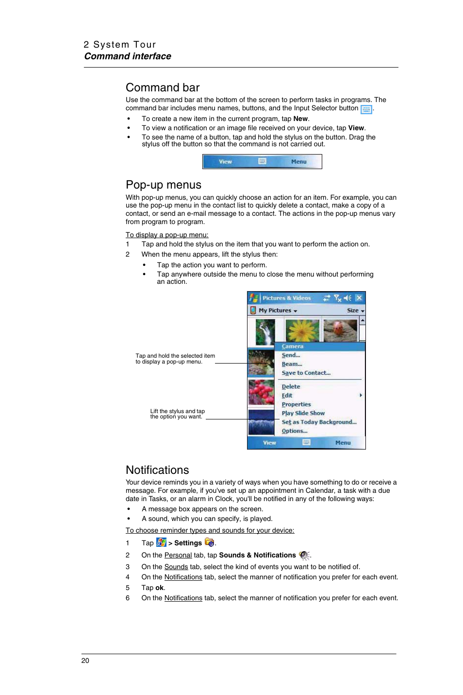 Command bar, Pop-up menus, Notifications | Command bar pop-up menus notifications | Motorola MC35 EDA User Manual | Page 30 / 236