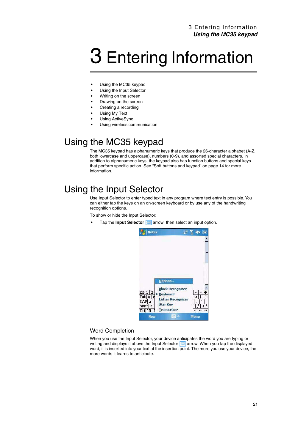 3 entering information, Using the mc35 keypad, Using the input selector | Using the mc35 keypad using the input selector, Entering information | Motorola MC35 EDA User Manual | Page 31 / 236