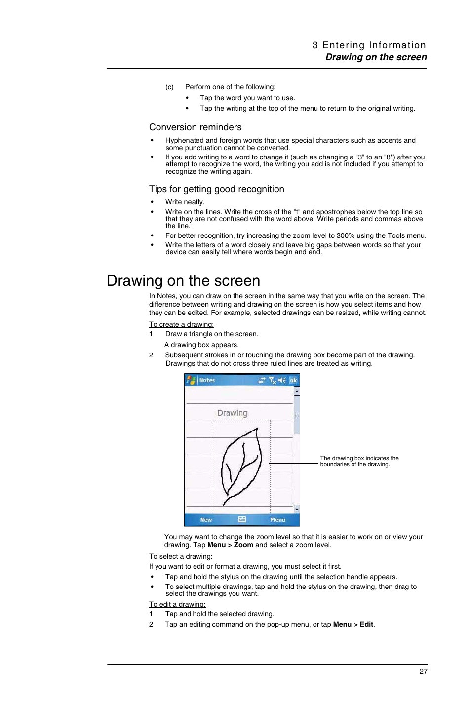 Drawing on the screen, Conversion reminders, Tips for getting good recognition | Motorola MC35 EDA User Manual | Page 37 / 236