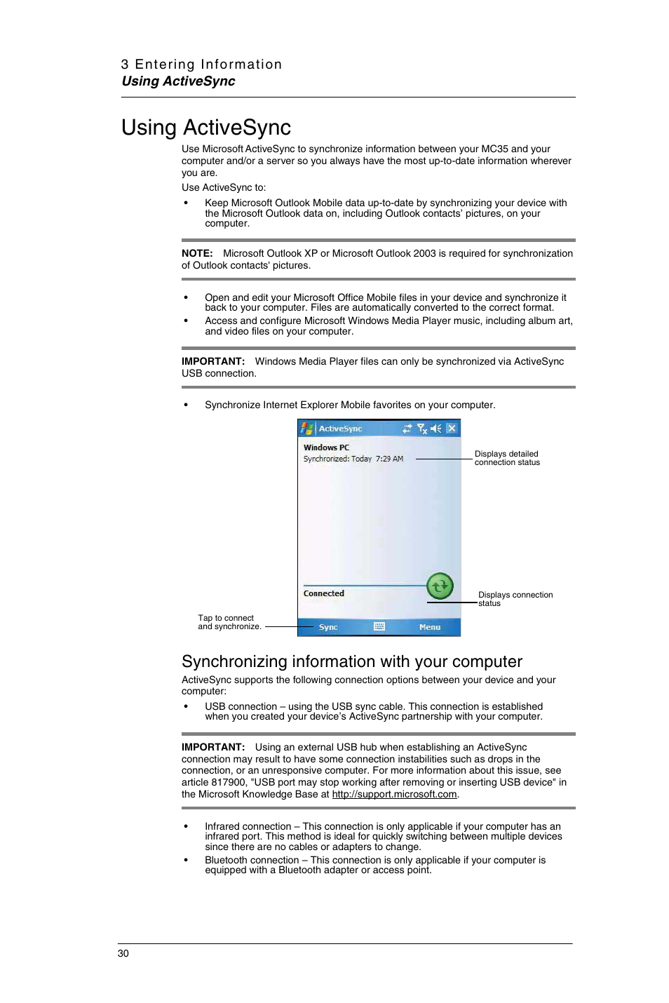 Using activesync, Synchronizing information with your computer | Motorola MC35 EDA User Manual | Page 40 / 236