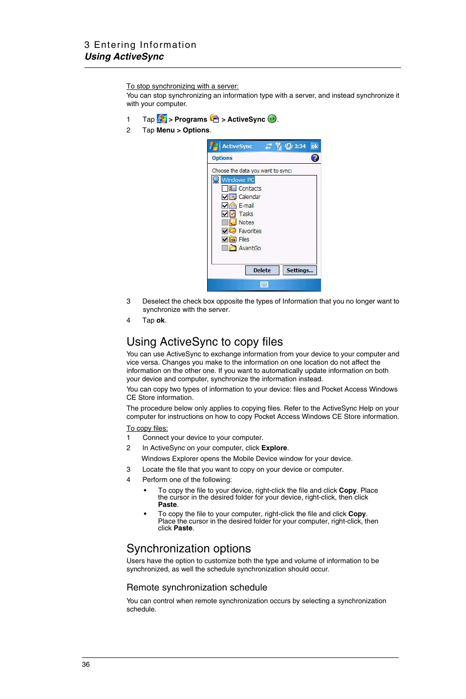 Using activesync to copy files, Synchronization options, Remote synchronization schedule | Motorola MC35 EDA User Manual | Page 46 / 236