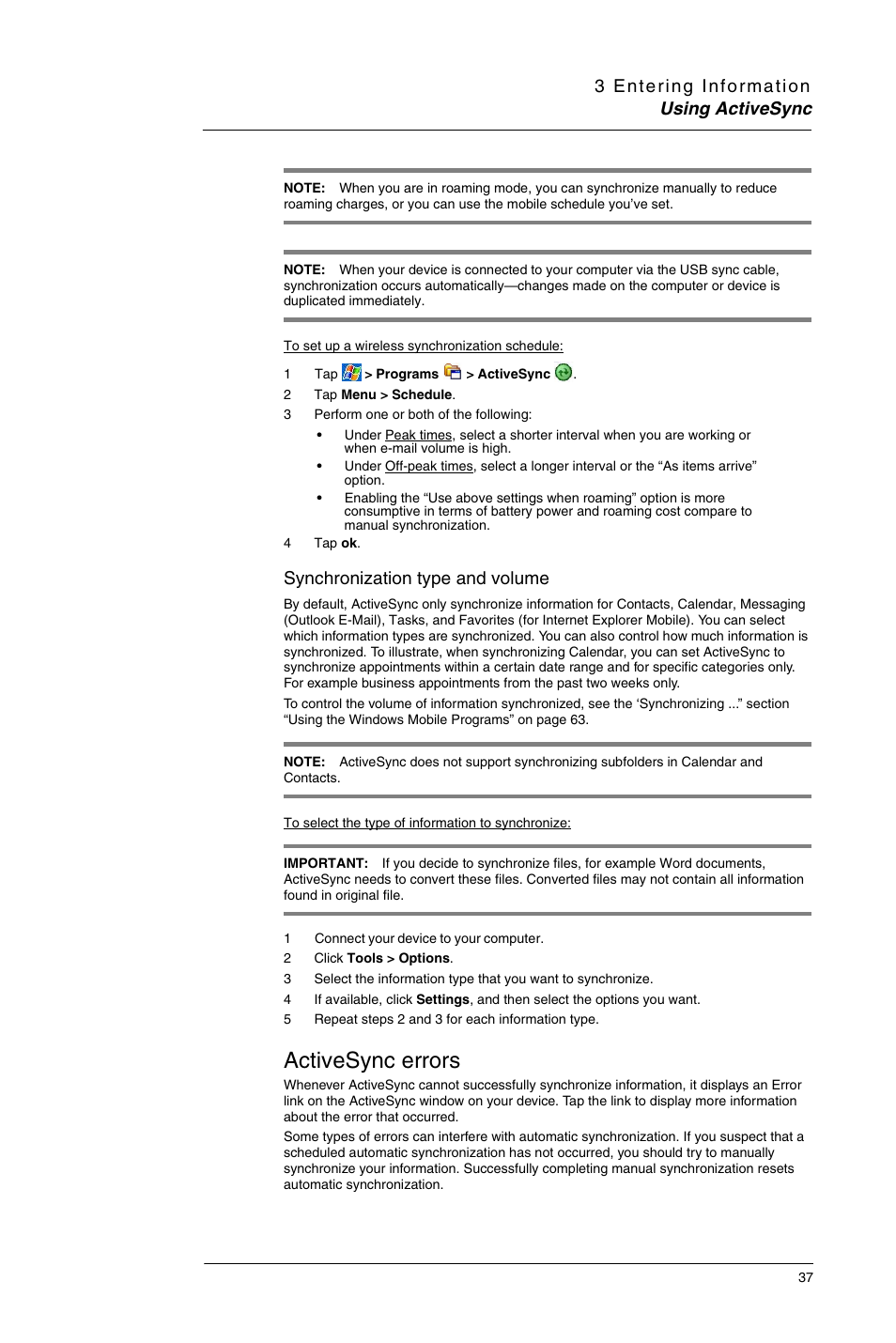 Activesync errors, Synchronization type and volume | Motorola MC35 EDA User Manual | Page 47 / 236